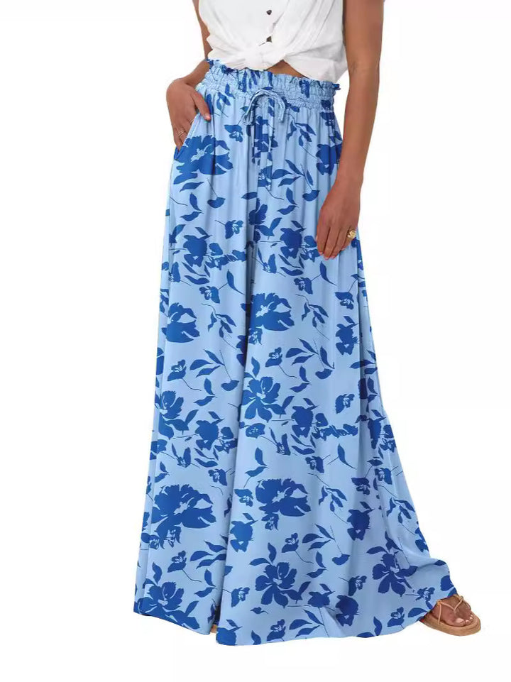Light Blue Floral Print Elastic Waist Wide Leg Palazzo Pants