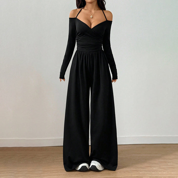 V-neck off-shoulder wide-leg jumpsuit