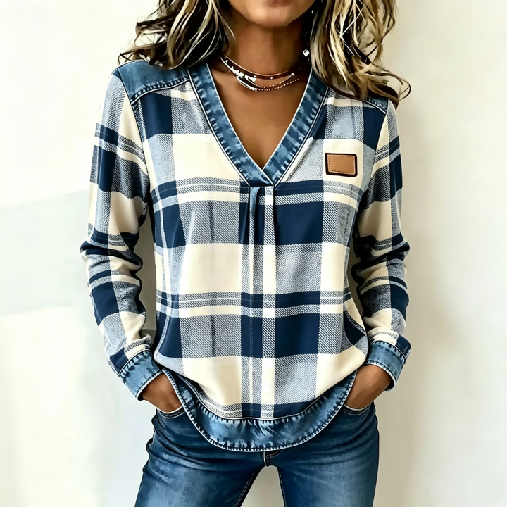Denim Trim Plaid Print V Neck Top