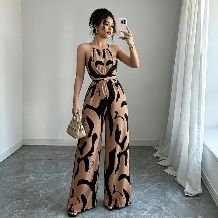Halter-neck loose-fitting printed wide-leg jumpsuit