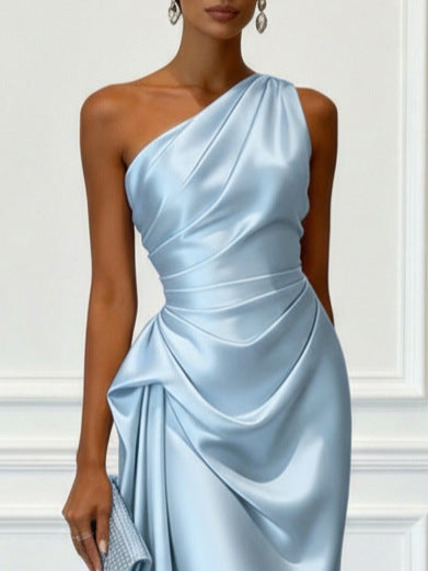 Multi-Color One-Shoulder Satin Midi Dress | Ruched Elegant Party Cocktail Dress