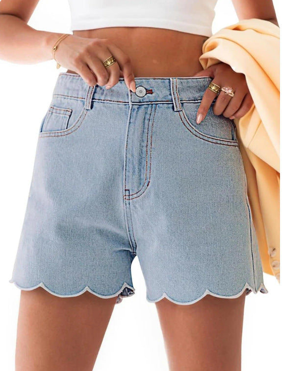 High Waist Scalloped Hem Denim Shorts