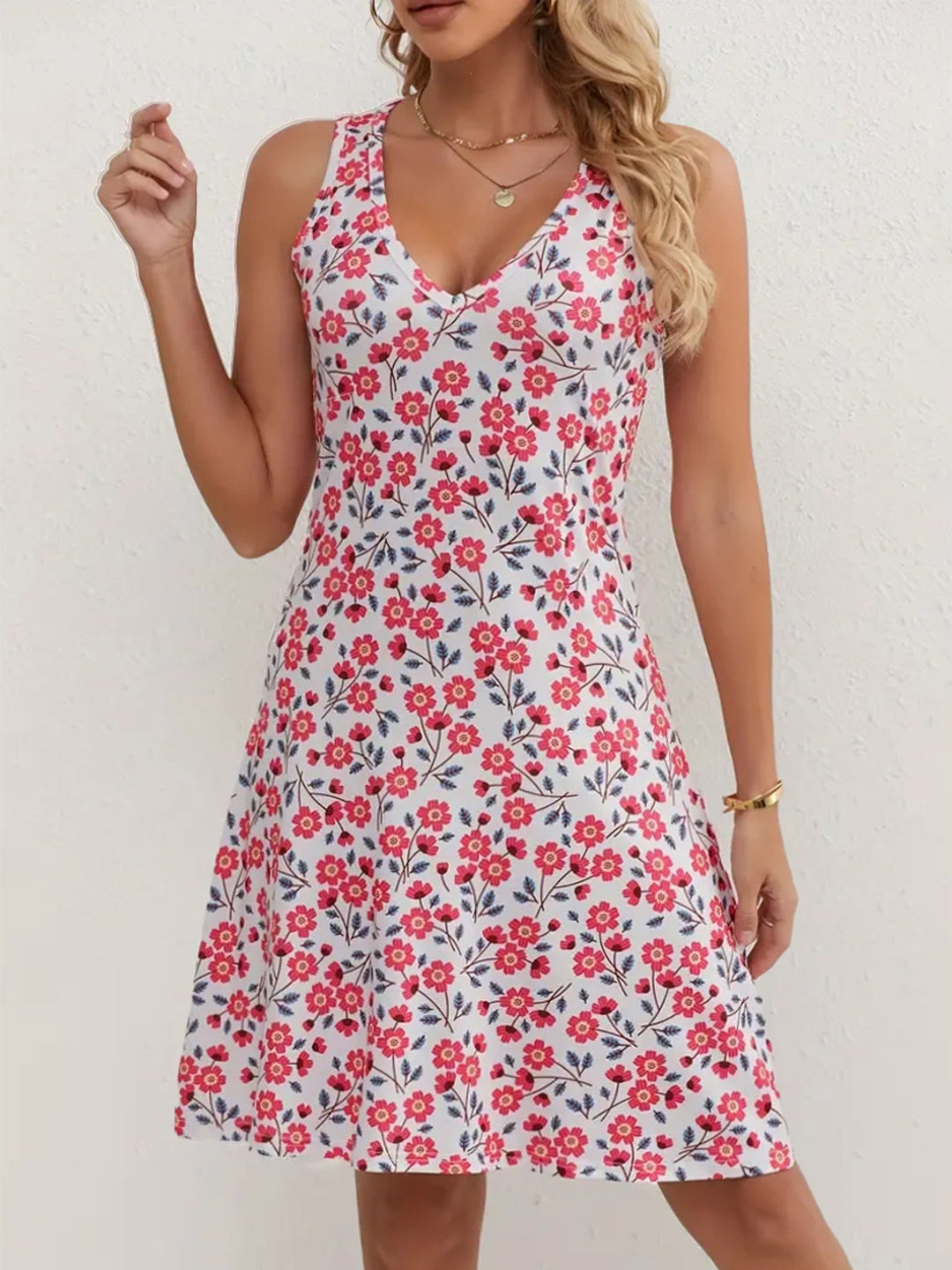 V-Neck Sleeveless Floral A-Line Midi Dress | Pink Cherry Blossom Romantic Midi