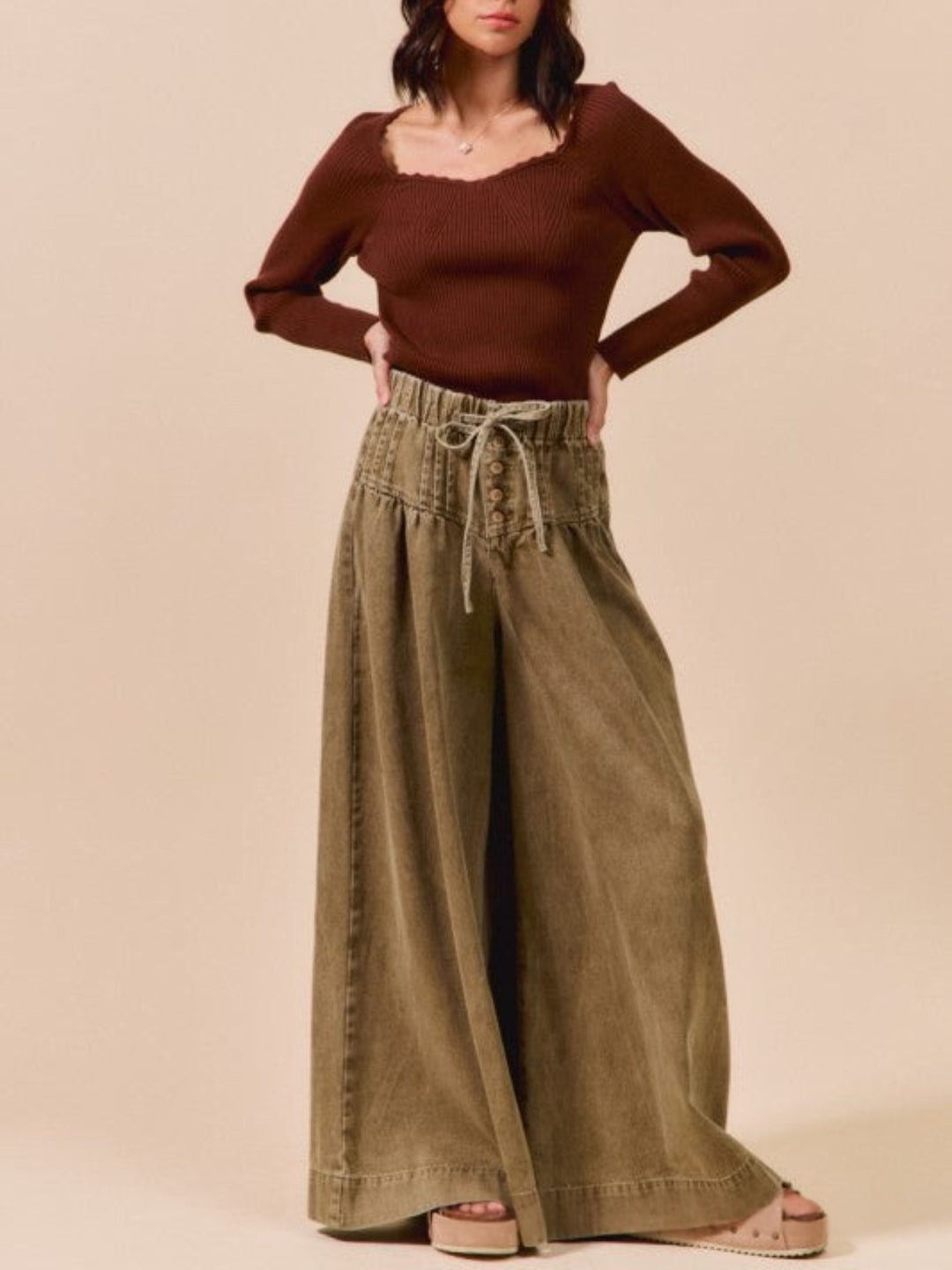 High-Waisted Denim Wide Leg Pants with Corset Waist