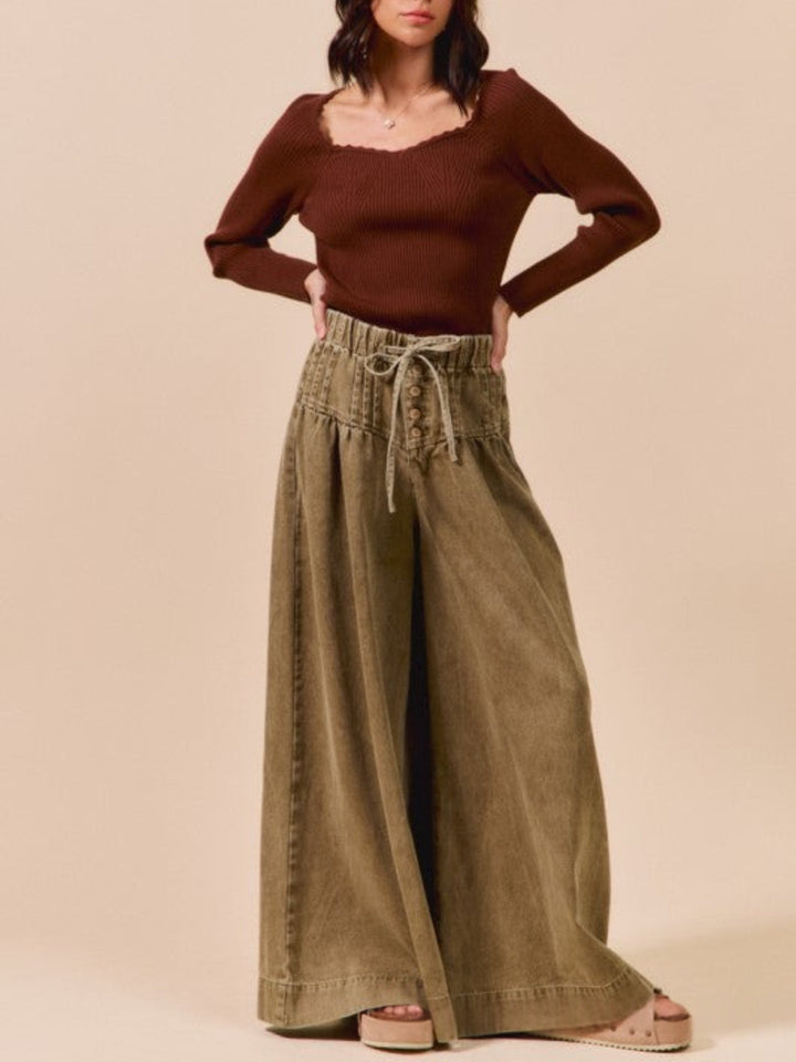 High-Waisted Denim Wide Leg Pants with Corset Waist