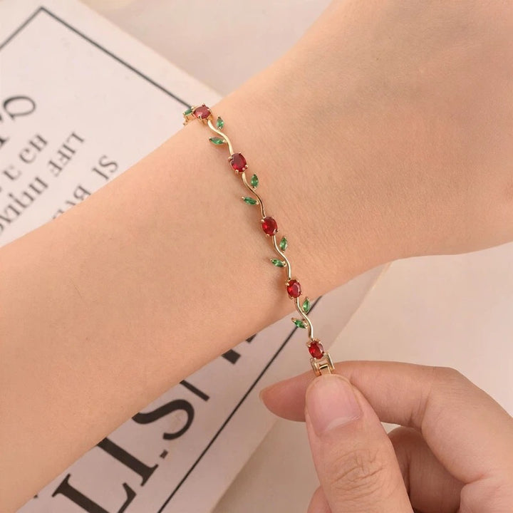 Gold Tone Multicolor Gem Vine Leaf Bracelet | Vintage Nature-Inspired CZ Cuff