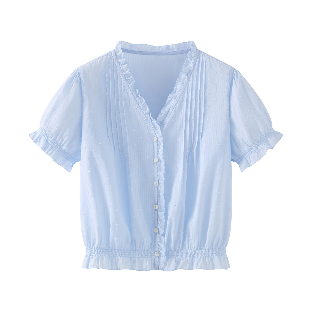 V-Neck Ruffle Puff Sleeve Swiss Dot Blouse | Cinched Waist Babydoll Top