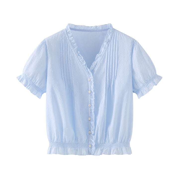 V-Neck Ruffle Puff Sleeve Swiss Dot Blouse | Cinched Waist Babydoll Top