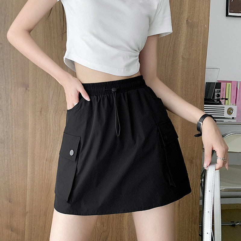 High-waisted drawstring A-line cargo skirt