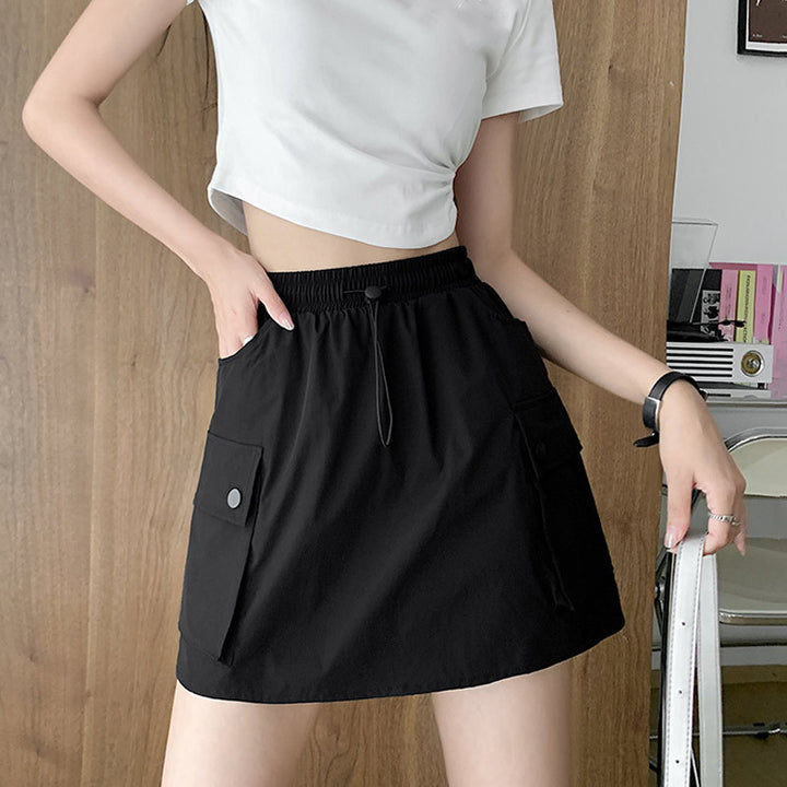High-waisted drawstring A-line cargo skirt