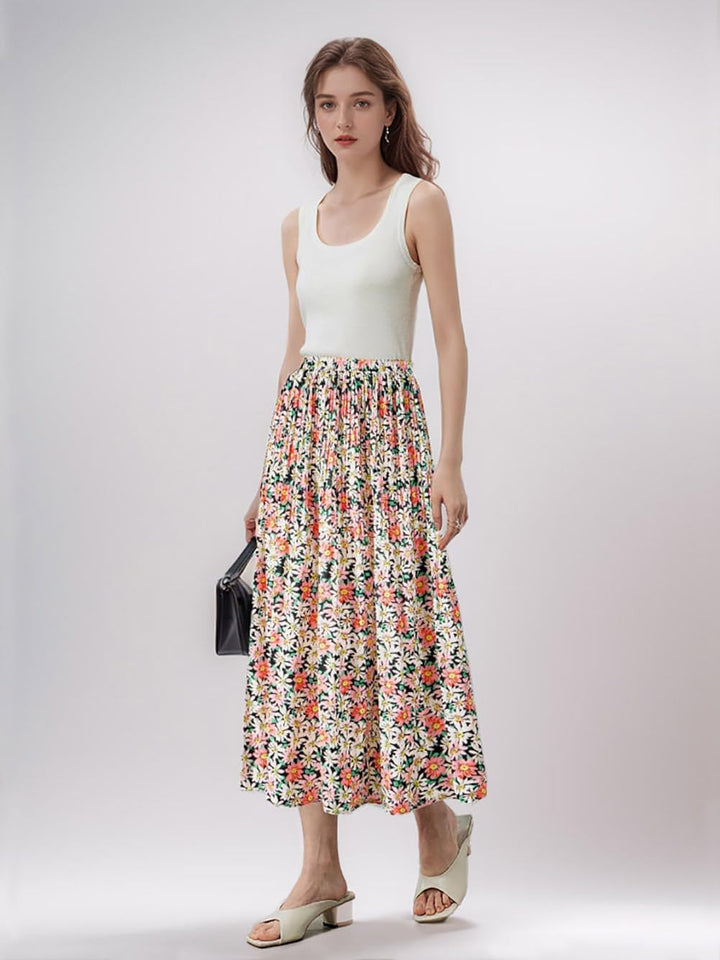 Boho Floral Tiered Midi Skirt, Elastic Waist Pleated A-Line Skirt