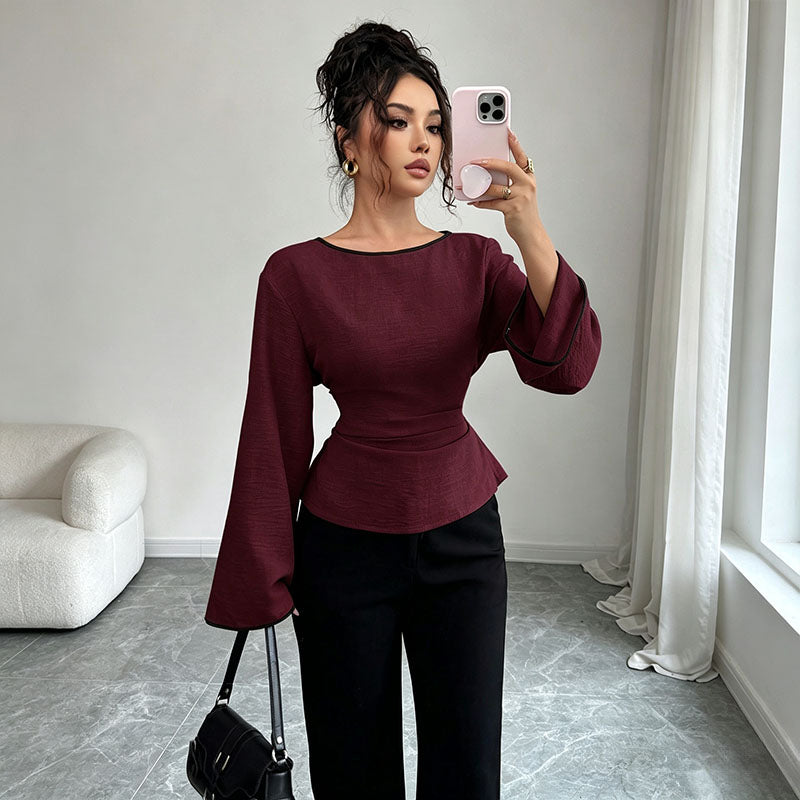 Waist Tie Flared Sleeve Solid Top