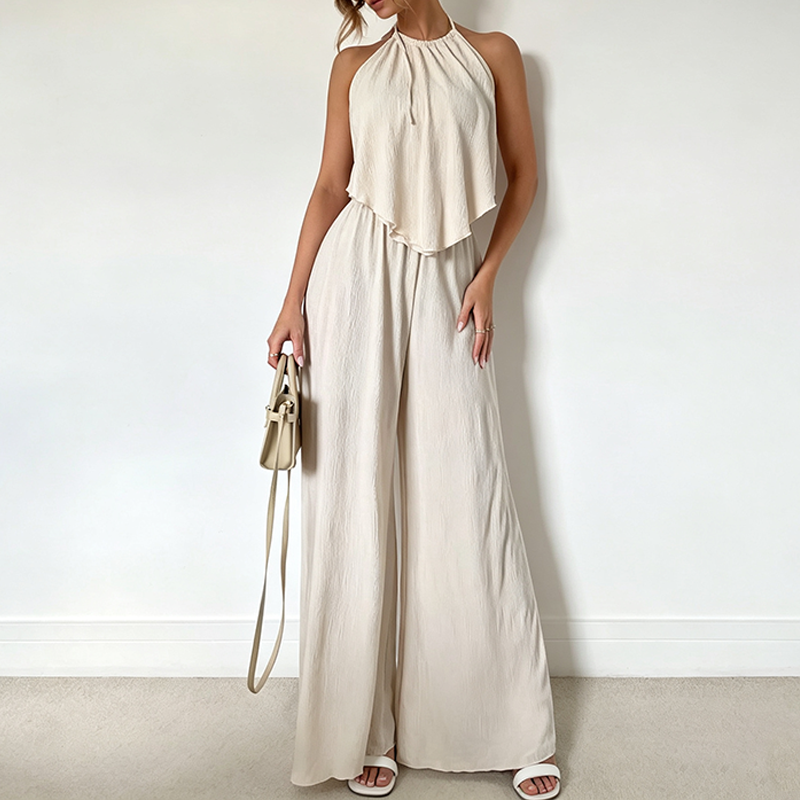 Halter Tie Back Textured Top And Wide Leg Pants Set