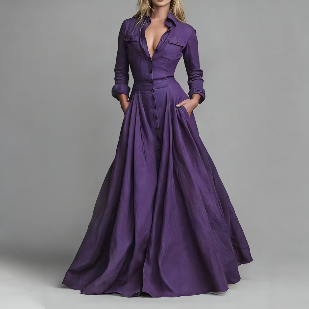 Waist Defined Button Front Maxi Shirt Gown