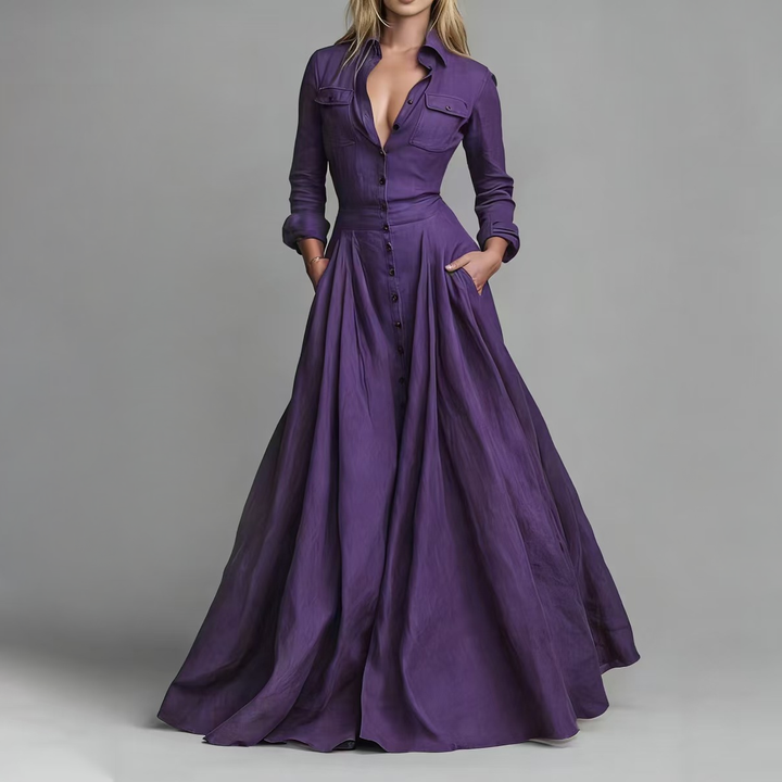 Waist Defined Button Front Maxi Shirt Gown