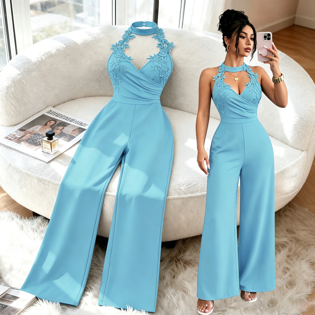 Halter Floral Lace Applique Wide Leg Jumpsuit