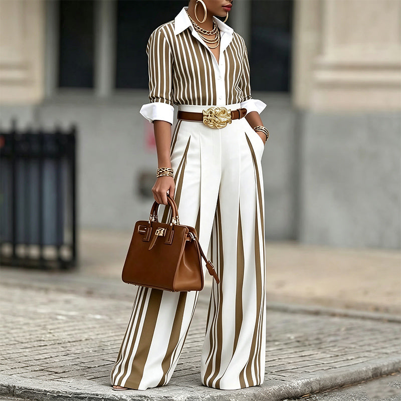 Striped Shirt And Wide Leg Pant Set