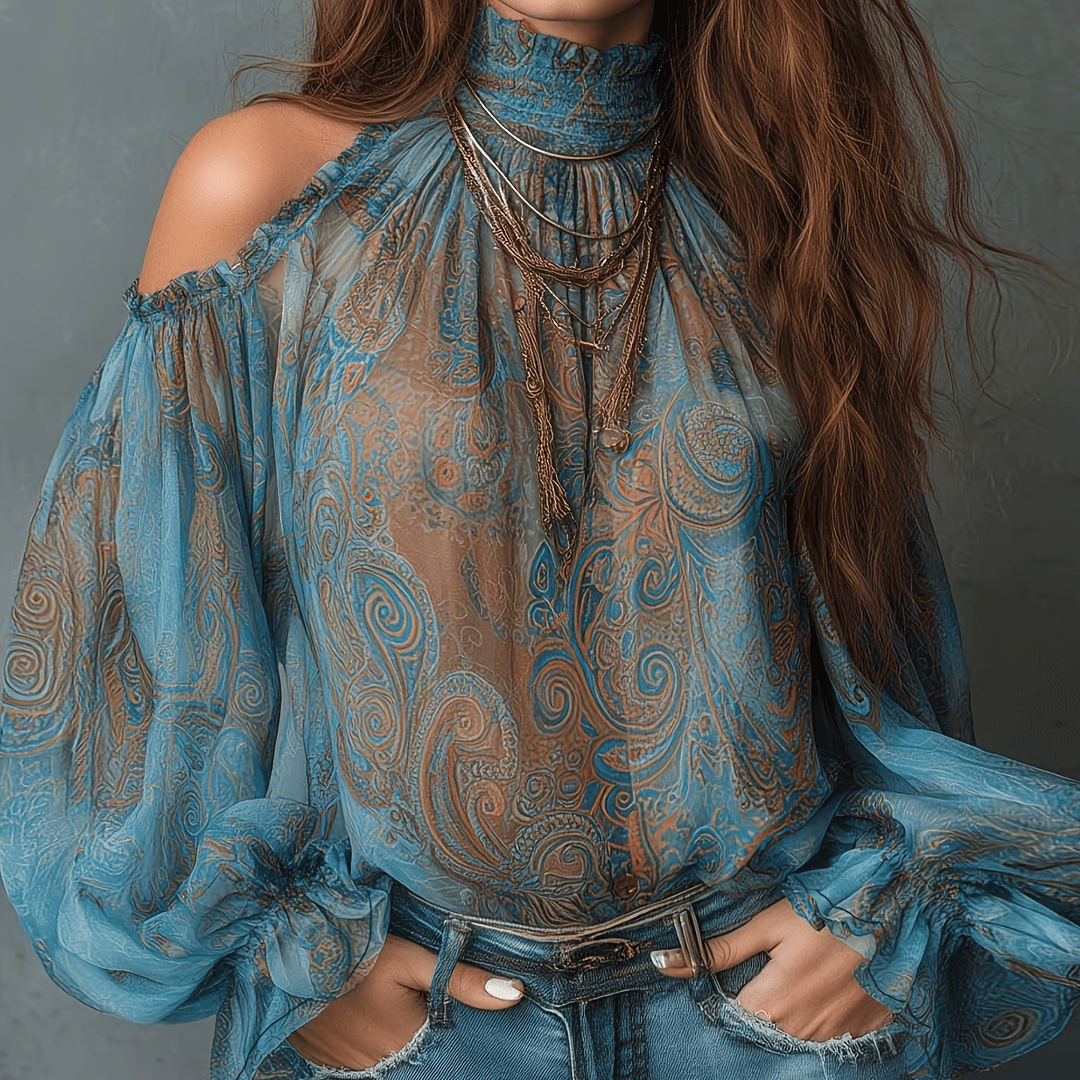 Cold Shoulder Ruffle High Neck Blouse