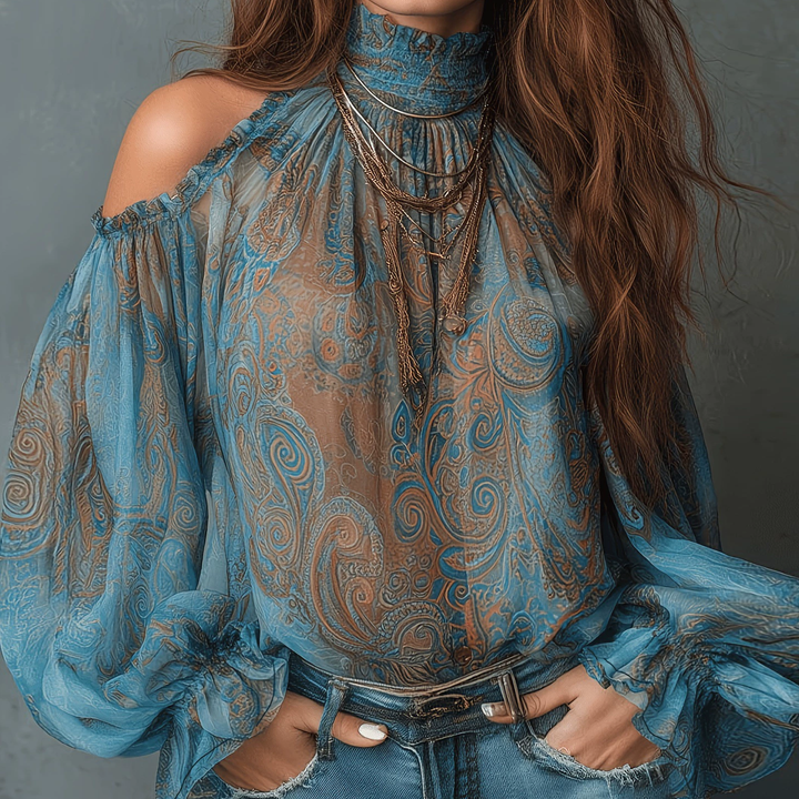 Cold Shoulder Ruffle High Neck Blouse