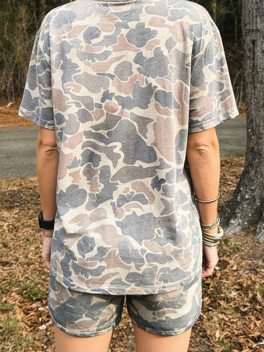 Soft Camouflage Loungewear Set, Oversized Tee &amp;amp; Drawstring Shorts