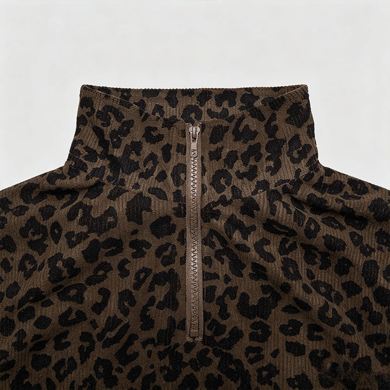 Leopard print stand-up collar pullover sweatshirt