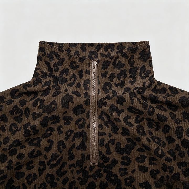 Leopard print stand-up collar pullover sweatshirt
