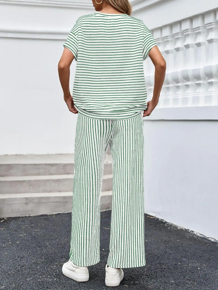 Womens Striped 2 Piece Sets Short Sleeve T Shirts Wide Leg Pants Matching Lounge Set with Pockets
