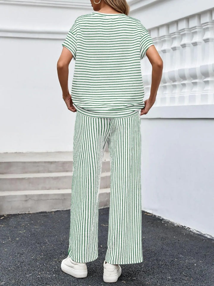 Womens Striped 2 Piece Sets Short Sleeve T Shirts Wide Leg Pants Matching Lounge Set with Pockets