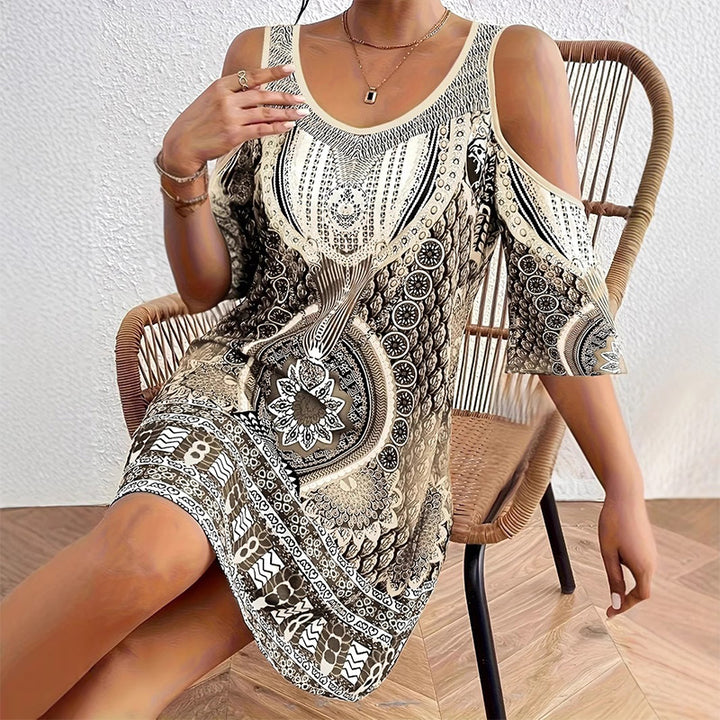 Off-shoulder short-sleeved digital print dress