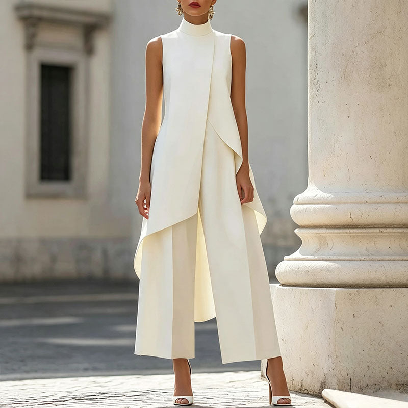 Sleeveless high-neck top and wide-leg trousers set