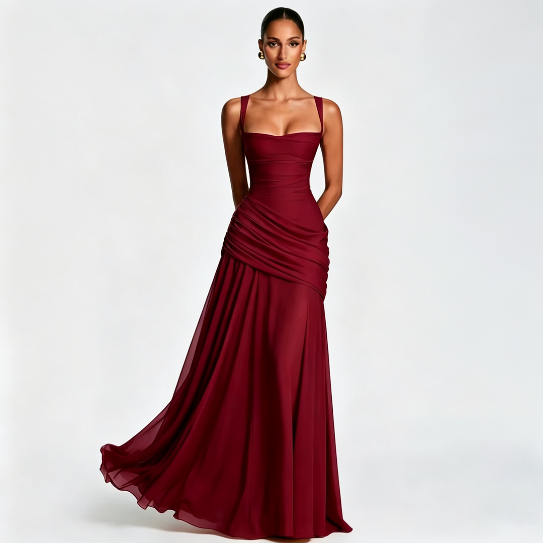 Minimalist Square Neck Ruched Waist Floor Gown