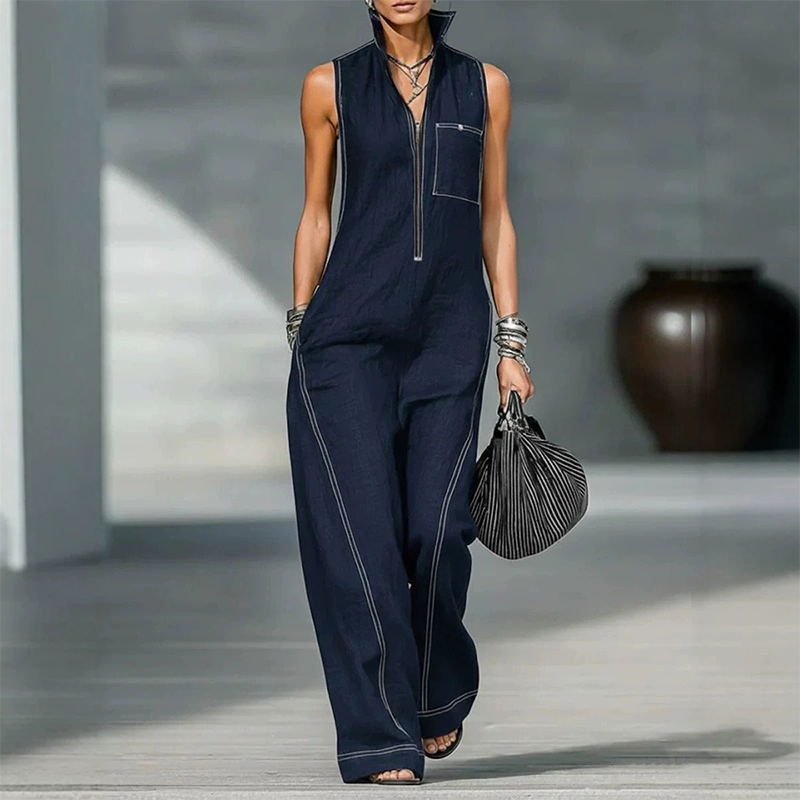 Sleeveless cotton-linen jumpsuit