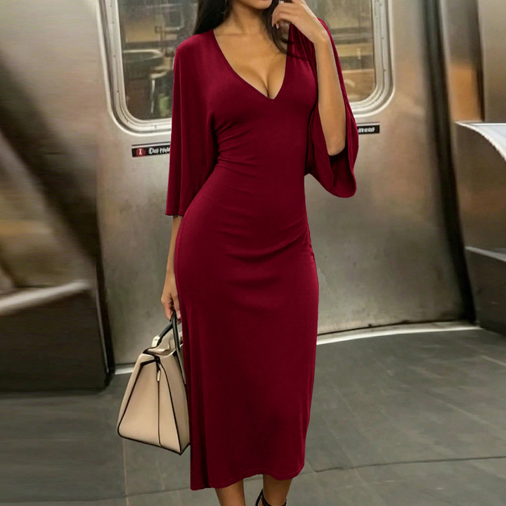 V-neck flared-sleeve fitted midi dress