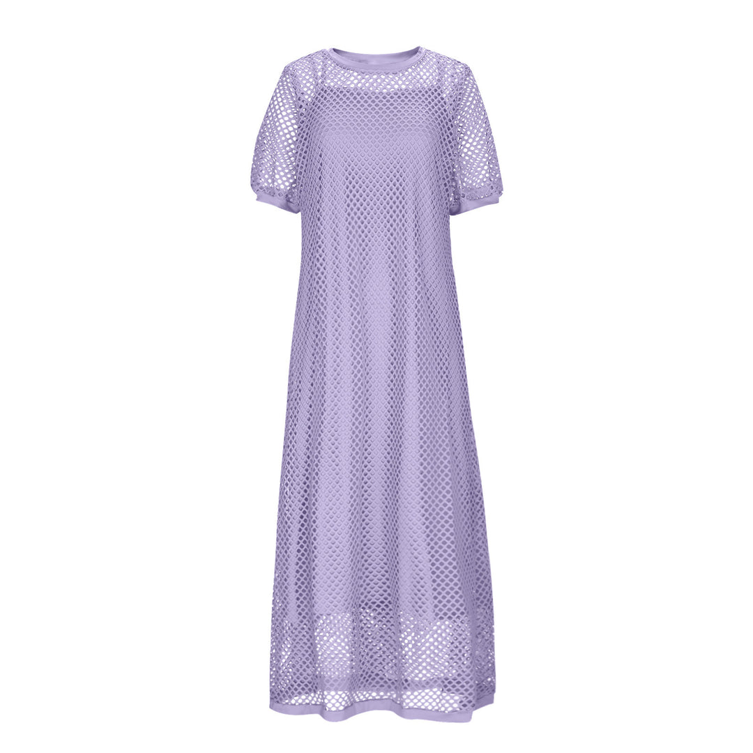 White Hollow Out Open Knit Short Sleeve Round Neck Maxi Cover Up Dress