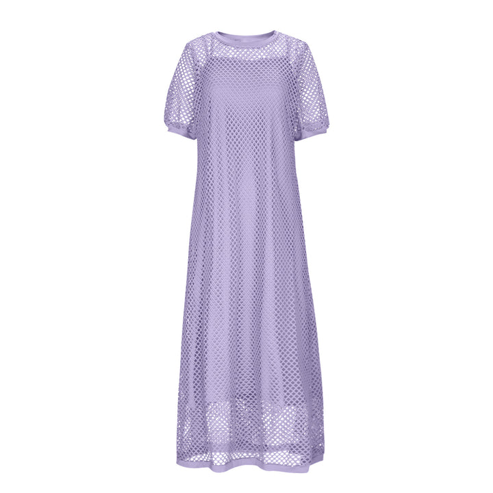 White Hollow Out Open Knit Short Sleeve Round Neck Maxi Cover Up Dress