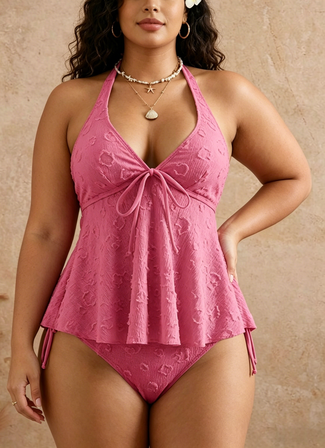 Halter-Neck Peplum Tankini Swimsuit Set | Textured White Two-Piece Tummy Control Swimwear