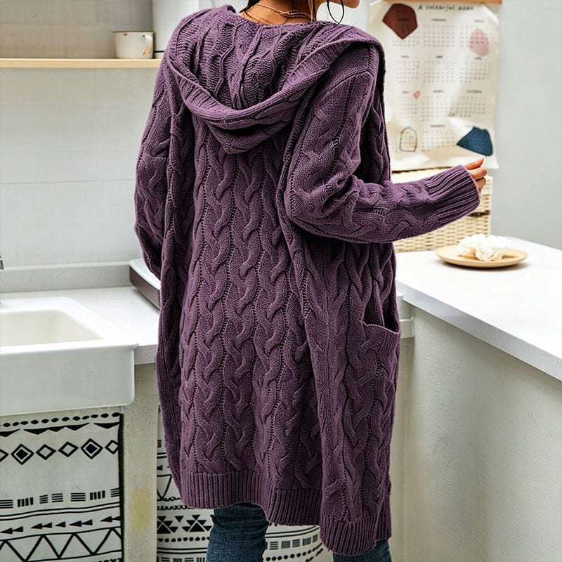Solid-color hooded cable-knit mid-length cardigan