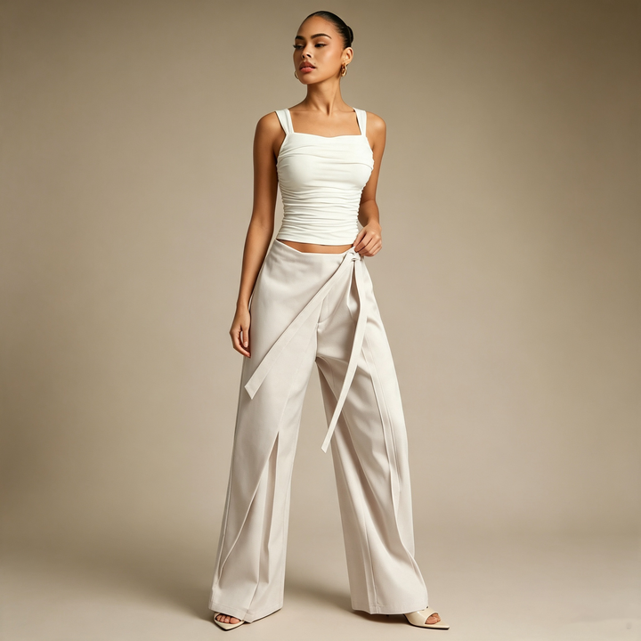 Criss-Cross Wrap Waist Wide Leg Pants