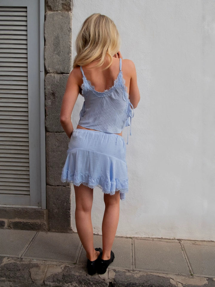 Light Blue Lace Trim Cami Top &amp; Mini Skirt Co-Ord Set | Feminine 2-Piece Outfit for Women