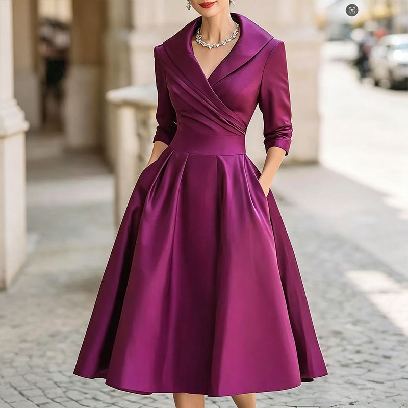 Satin Formal Wrap Long Sleeve A Line Midi Dress
