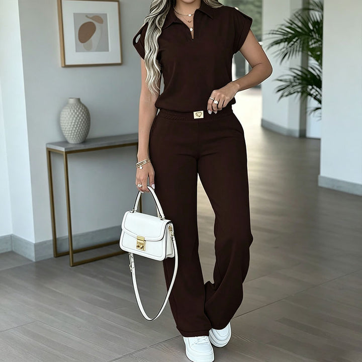 Solid color short-sleeved straight-leg pants suit