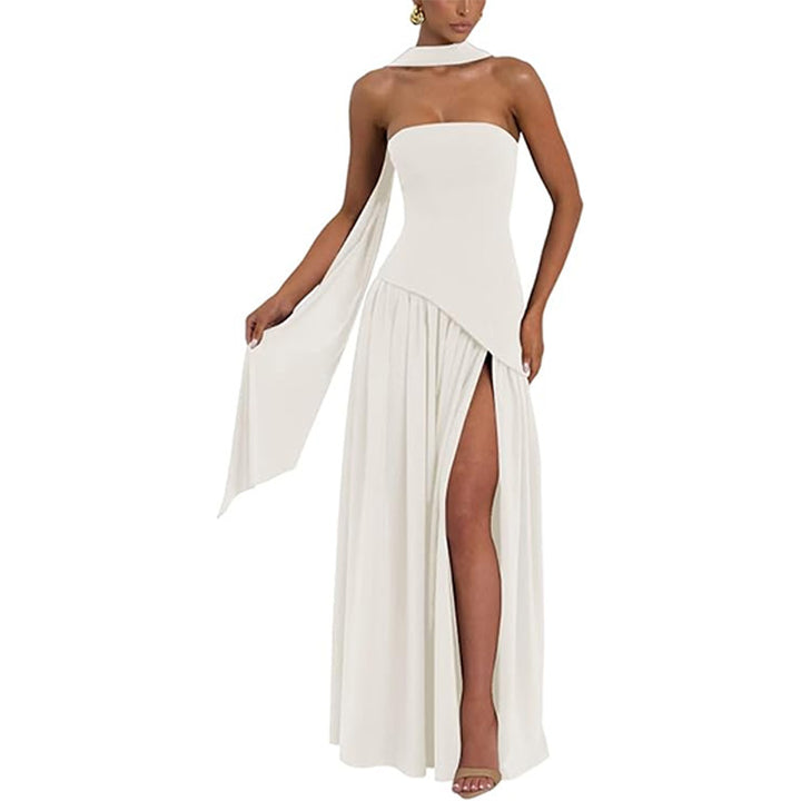 Stylish strapless solid color backless slit dress
