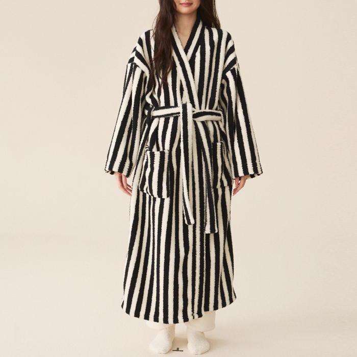 Pocketed Striped Plush Long Robe