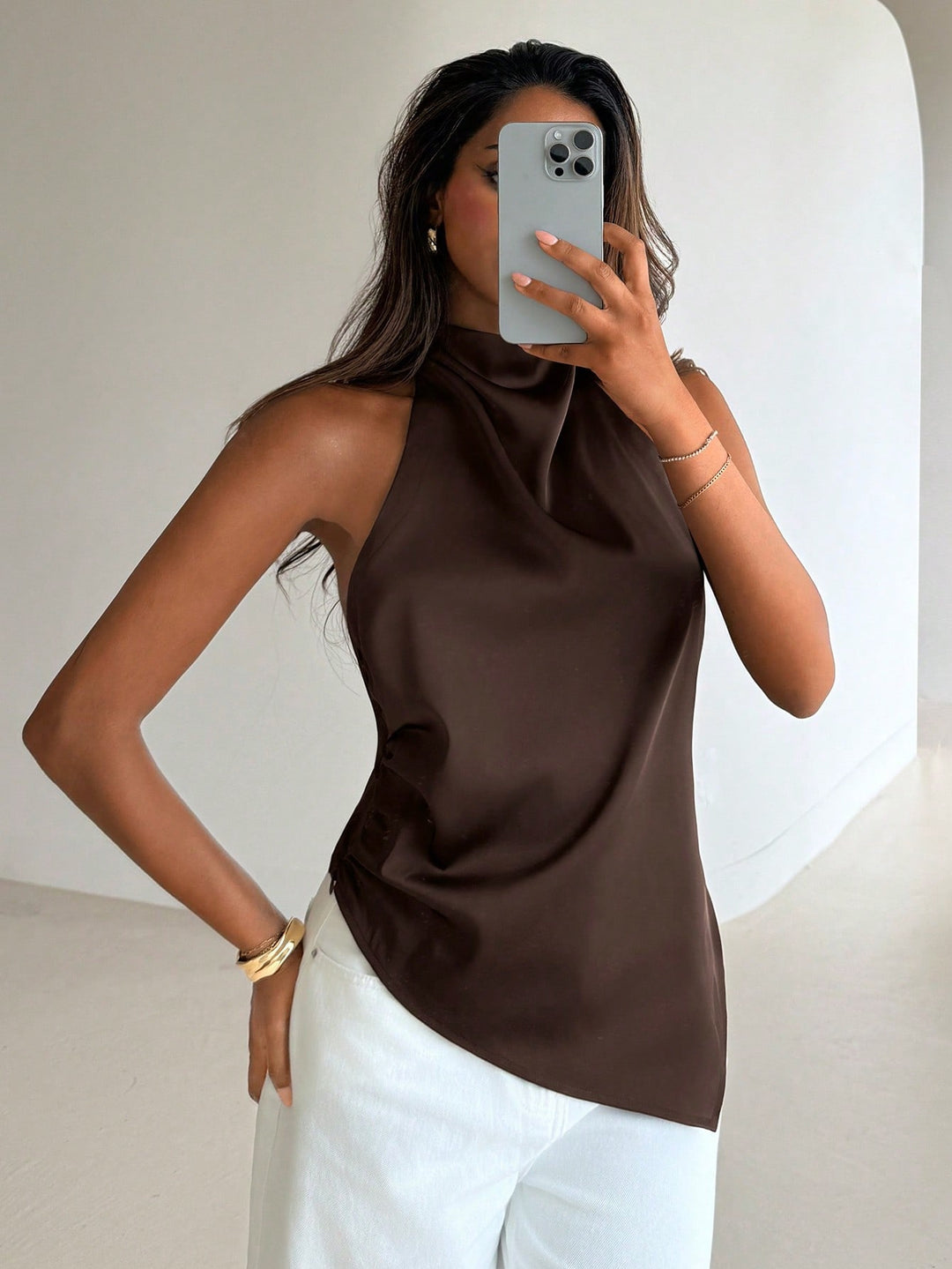 Backless Halter Neck Satin Top | Luxury Open Back Blouse for Women
