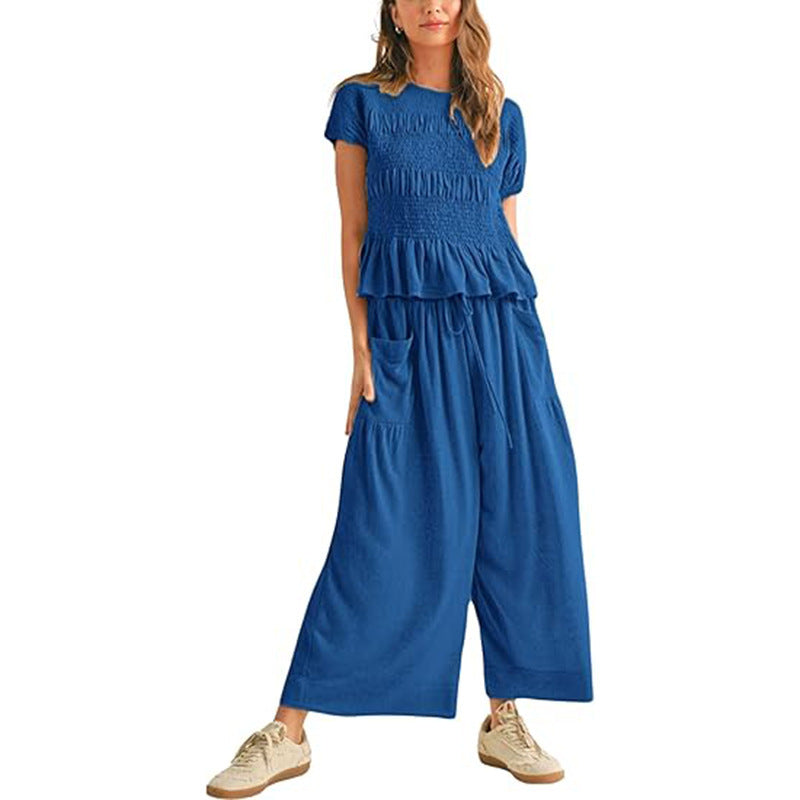 Beige Linen-Blend Smocked Peplum Top &amp;amp; Wide-Leg Pants Set