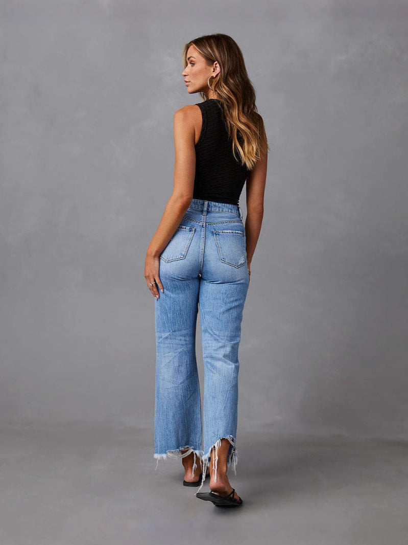 High Waist Distressed Raw Hem Flare Jeans