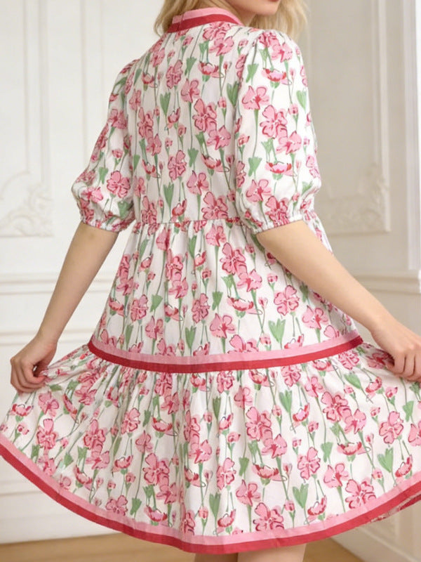 Color Block Trim Blue Floral Puff Sleeve Tiered Mini Dress With Pockets