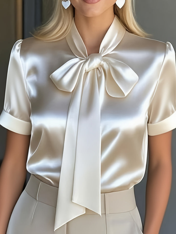 Satin Bow Neck Blouse - Elegant Short Puff Sleeve Silk Feel Shirt for Women