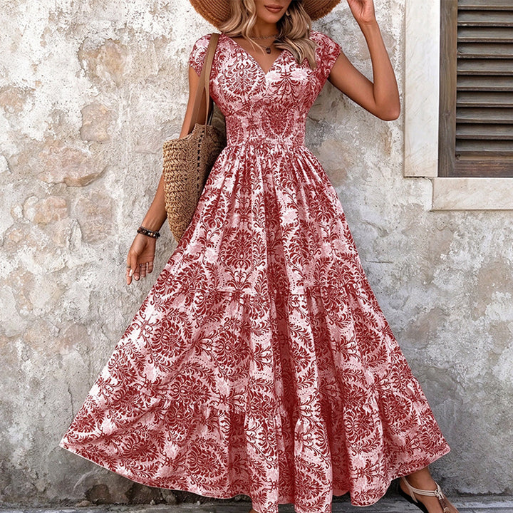 V-neck printed waist-cinching maxi dress