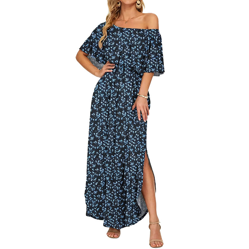 Printed off-shoulder short-sleeved long dress